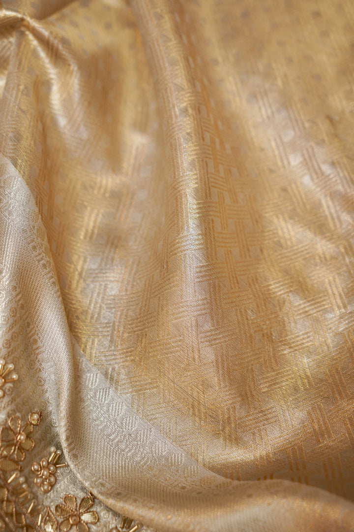 Beige Gold Designer Banarasi Brocade Tissue Silk Saree with Hand Embroidery