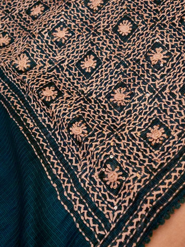 Teal Green Pure Kota Check Saree with Hand Kantha Embroidery View 5