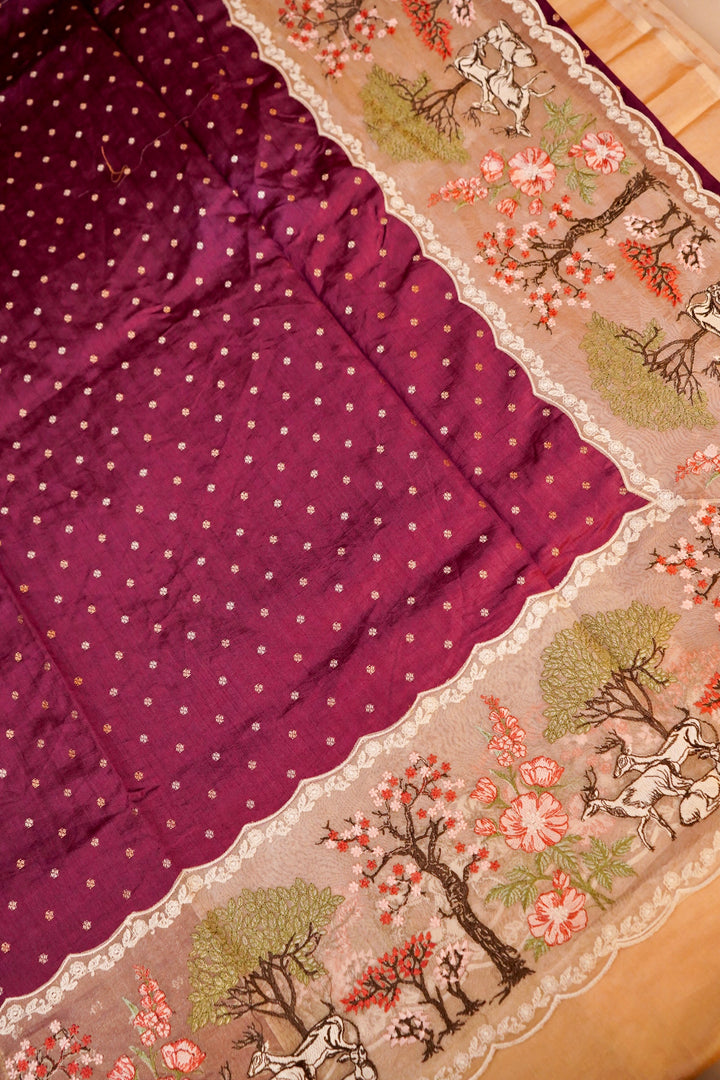 Wine Pure Handloom Chiniya Silk Saree with Appliqué Resham Embroidery