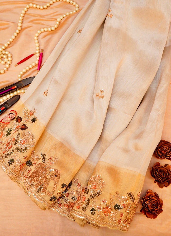 Silver Pure Katan Tissue Saree with Meenakari Zardozi Embroidery