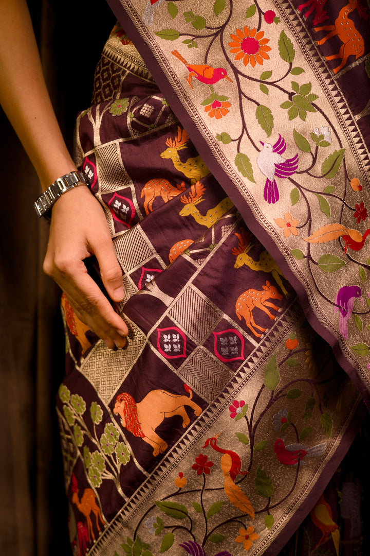 Handwoven Banarasi Pure Katan Silk Meenakari Shikargah Saree View 6