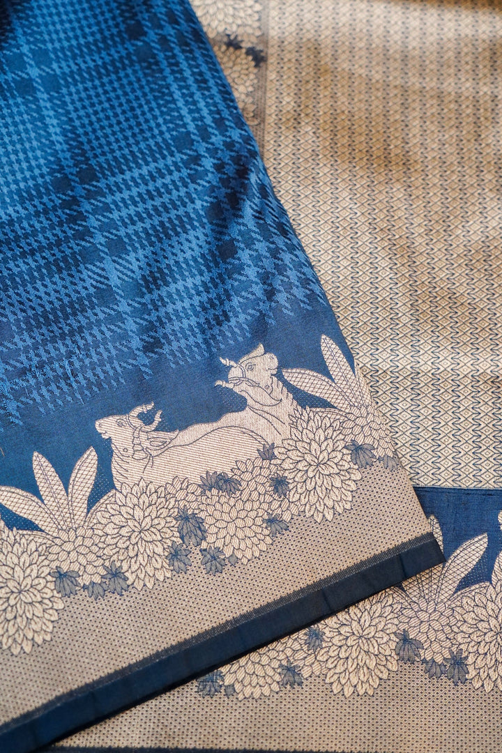 Teal Blue Handwoven Banarasi Katan Silk Saree with Golden Zari Shikargah Border & Pallu