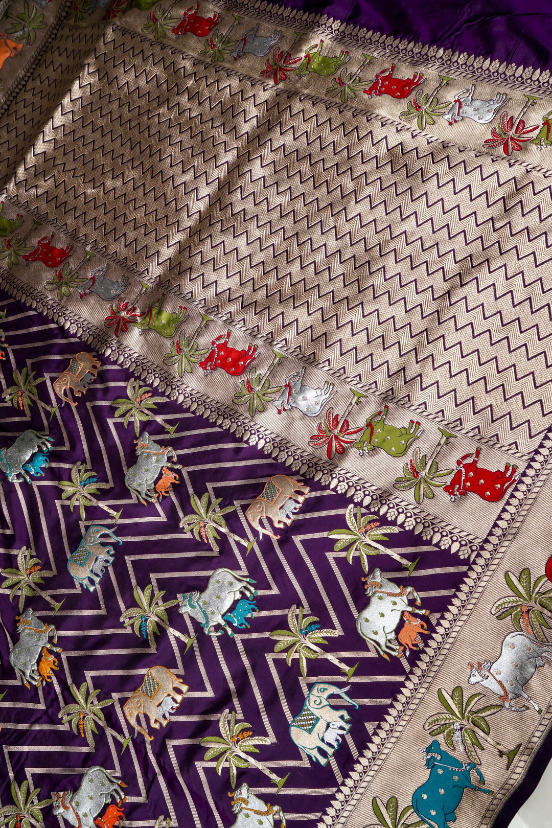 Dark Purple Pure Banarasi Handloom Katan Silk Kimkhwab Meenakari Saree with Pichwai Inspired Patterns