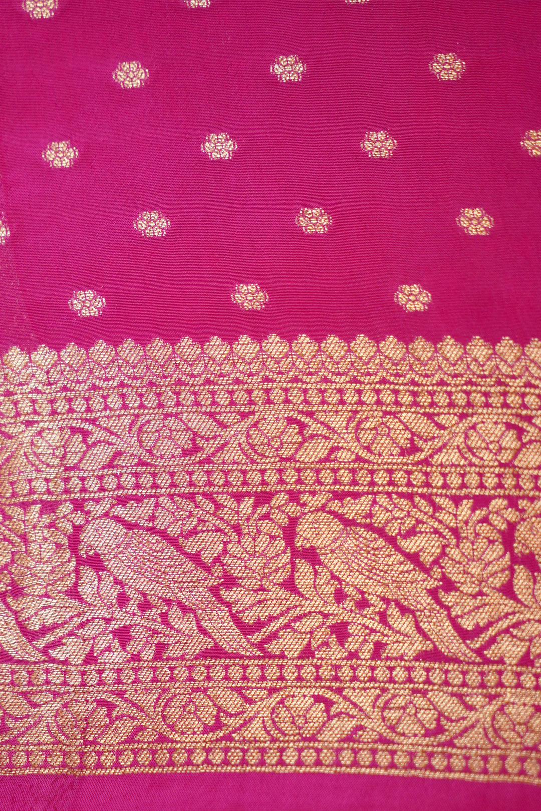 Vibrant Rani Pink Banarasi Chinon Georgette Saree with Antique Zari Figure Motifs