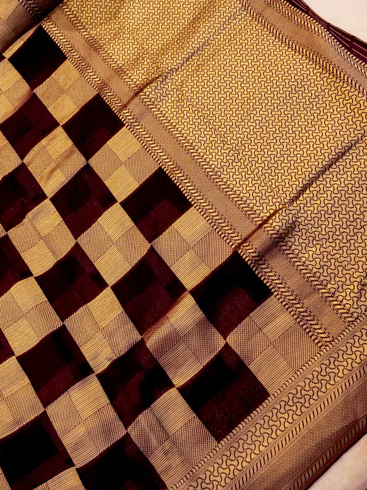 Wine Elegance Banarasi Khaddi Georgette Saree with Zari Weave Checks