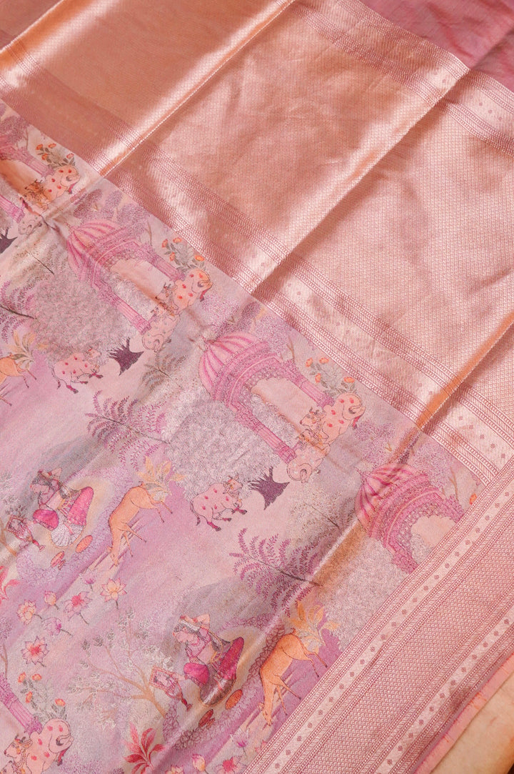 Authentic Pink Banarasi Pure Katan Silk Tanchoi Saree with Handcrafted Figure Patterns