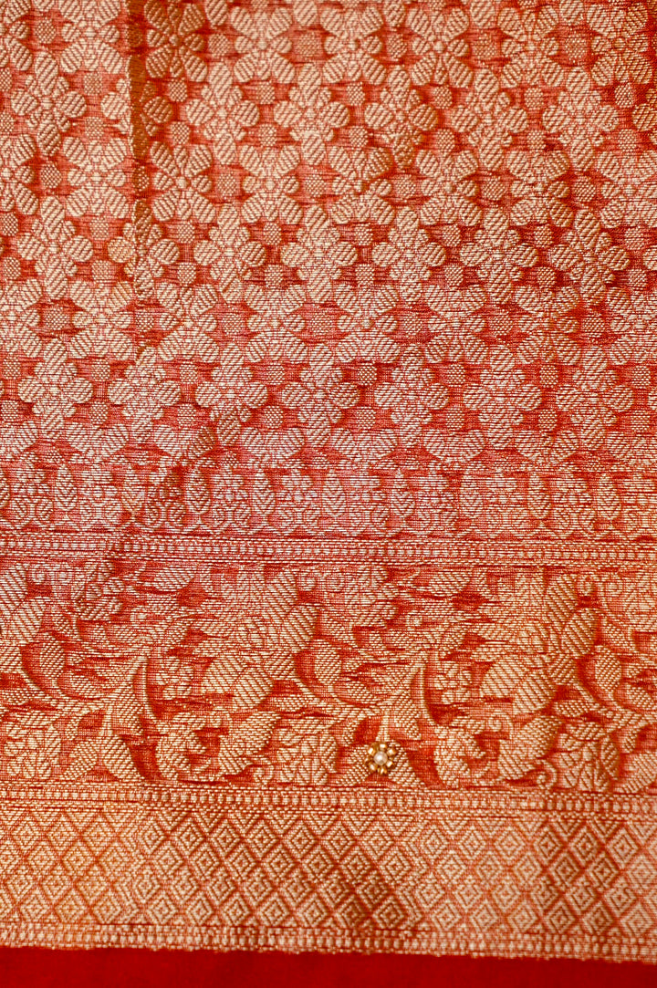 Ruby Red Maharani Tissue Silk Radha Krishna Motif Saree View 7