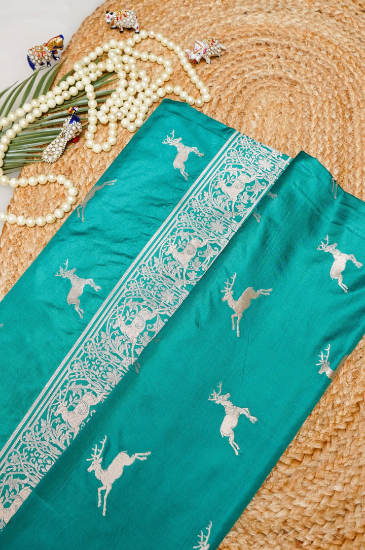 Sea Green Handwoven Banarasi Pure Katan Silk Saree with Deer Motif