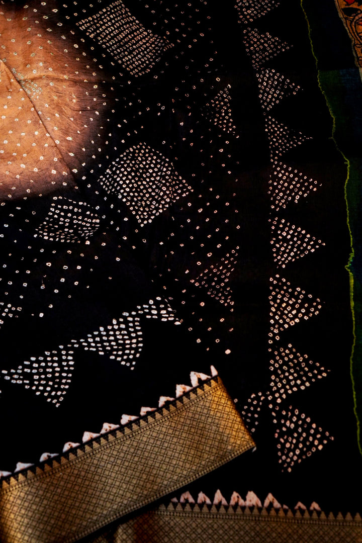 Classic Black Kalamkari and Bandhej Printed Silk Saree