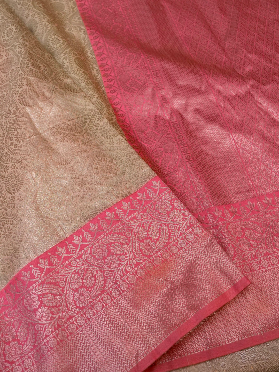 Beige Banarasi Brocade Silk Saree with Pink Contrast Border and Pallu