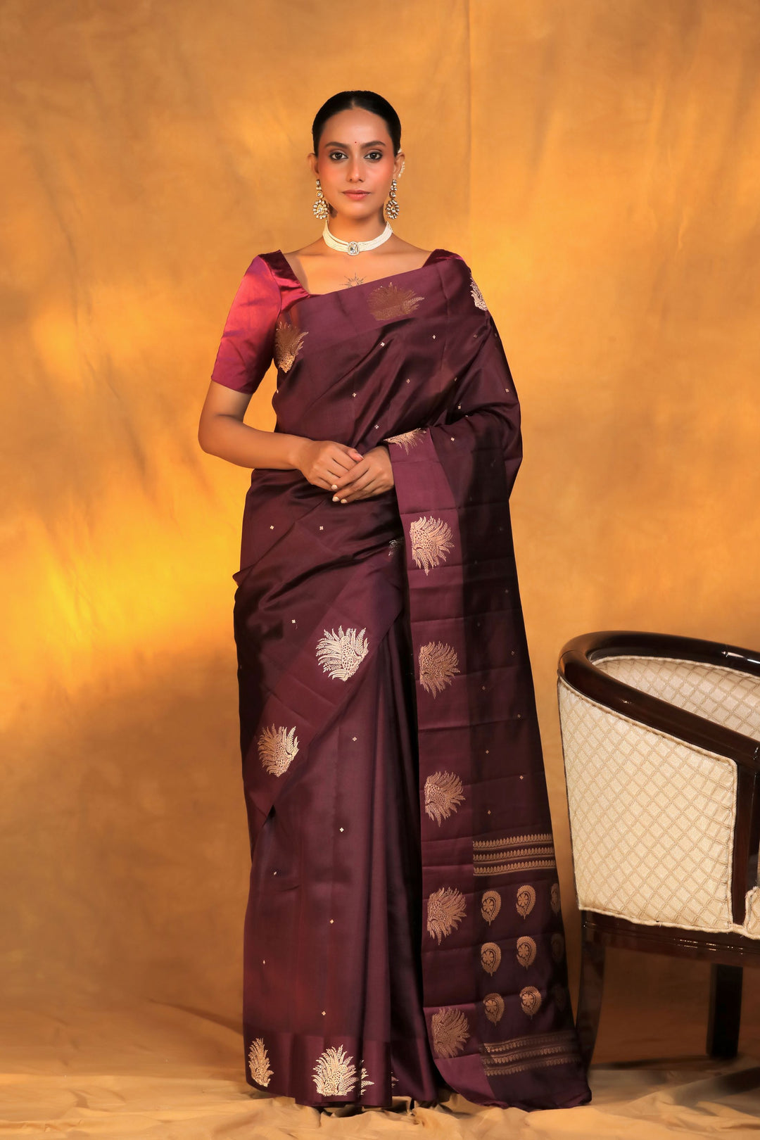 handwoven wine banarasi pure mashru silk leopard motif saree front view 1
