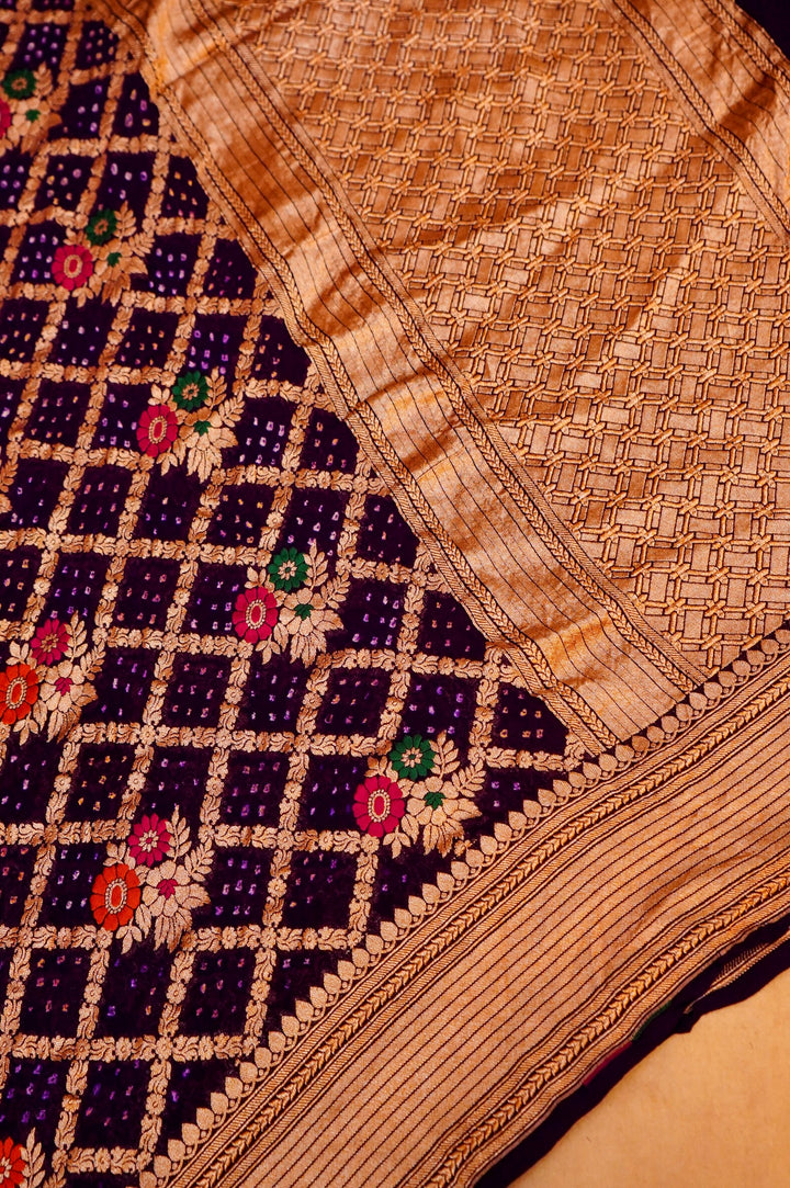 Handwoven Banarasi Georgette Chiffon Suit Set with Bandhani Meenakari Jaal Dupatta