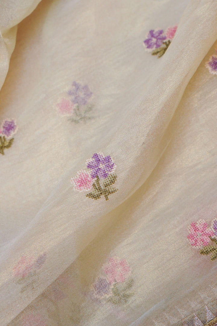 Beige Banarasi Crush Tissue Silk Suit Set with Embroidery Work