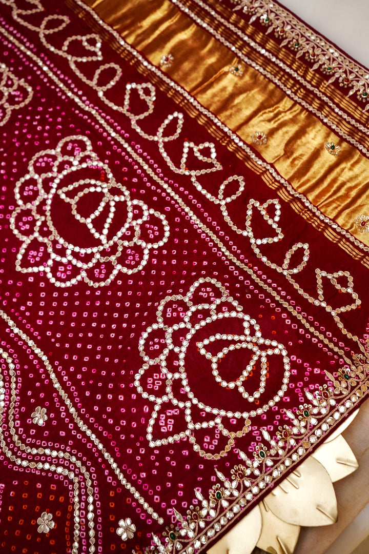 Maroon Rajgharana Gota Patti and Kundan Embroidery Pure Gajji Gharchola Dupatta View 3