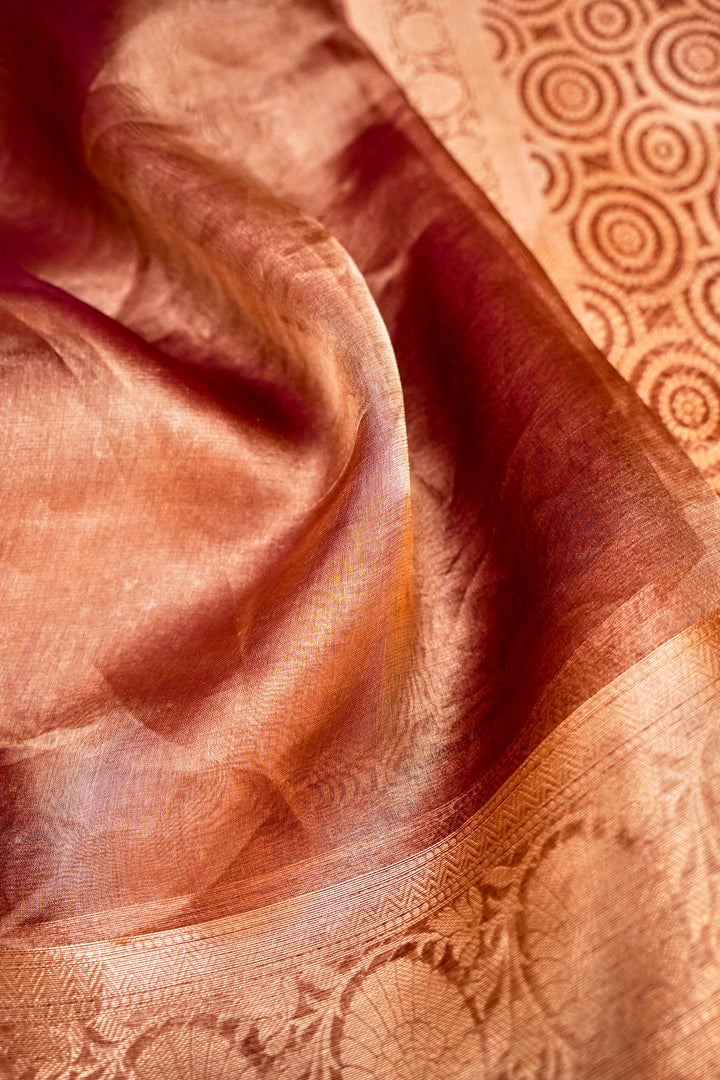 Opulent Shine Handwoven Copper Gold Tissue Silk Saree with Ornate Zari Border & Pallu