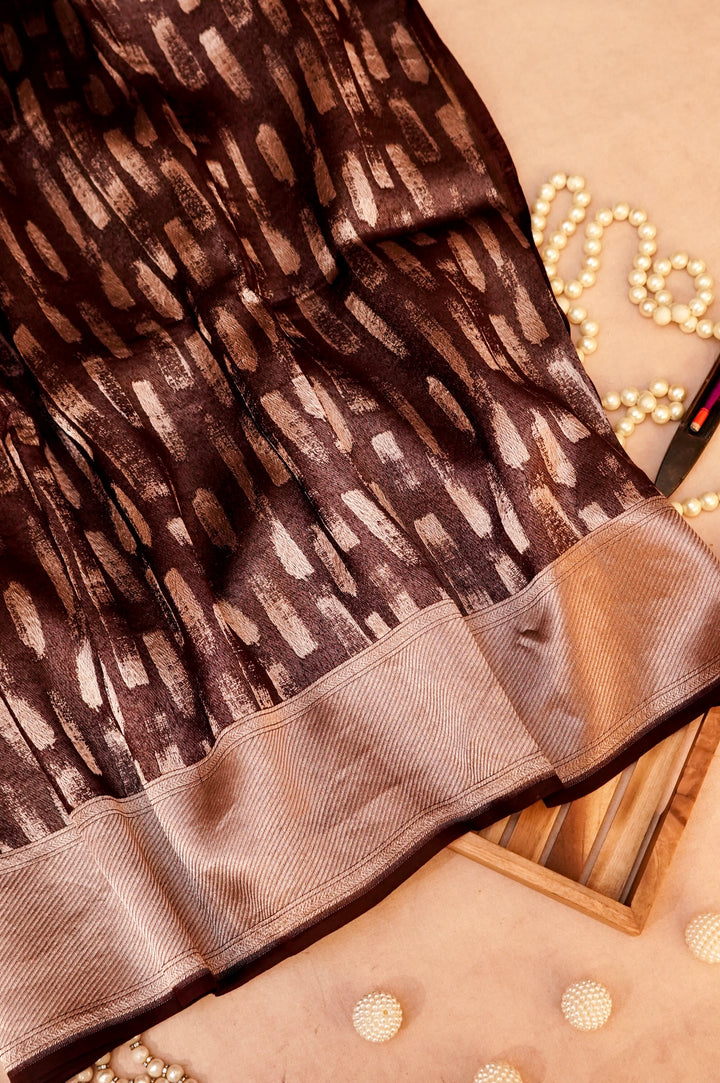 Bronzed Opulence – Dark Brown Banarasi Silk Organza Brocade Saree