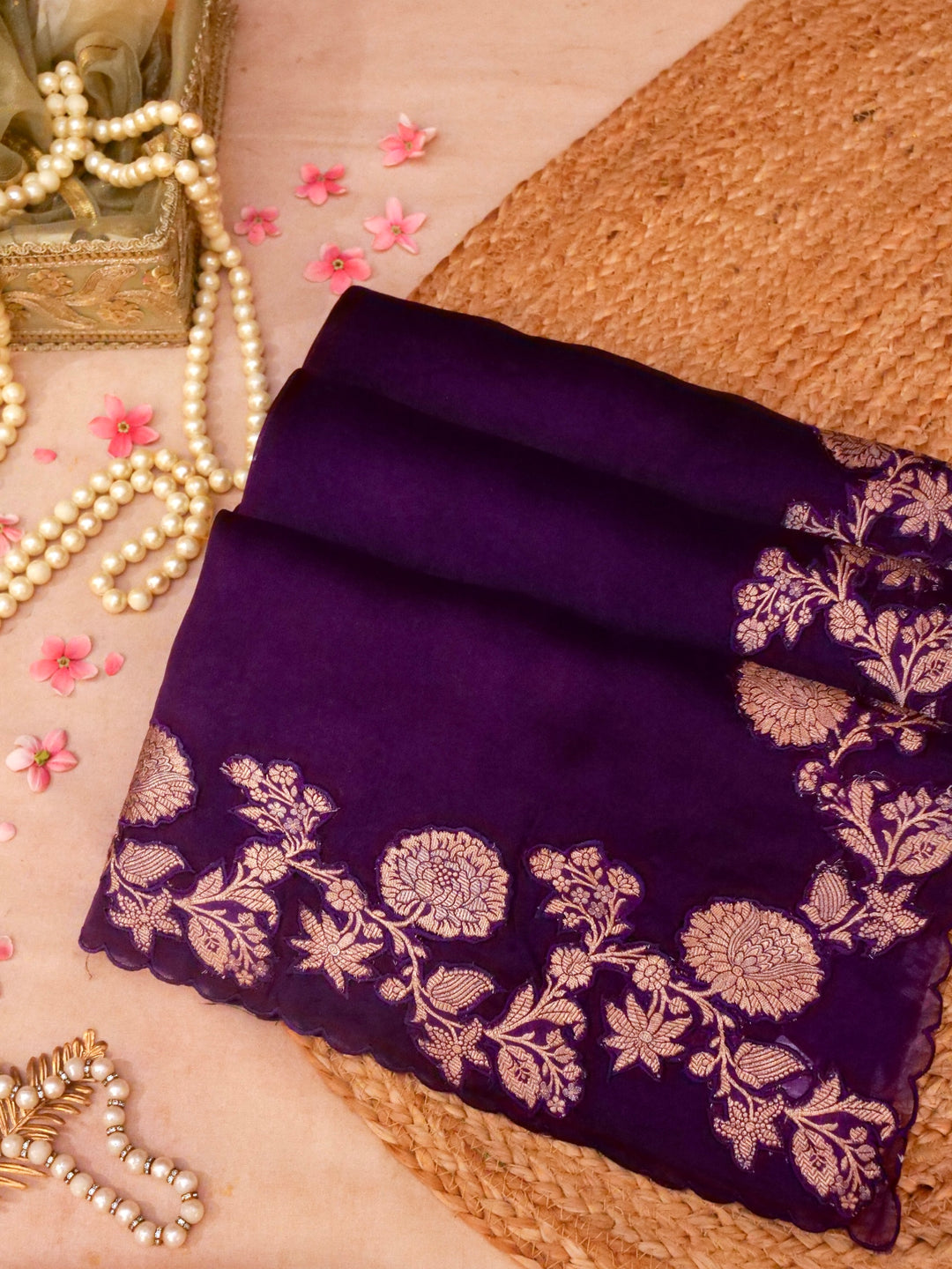 Handwoven Purple Pure Silk Saree with Brocade Hand Appliqué Work Brocade Blouse View 1