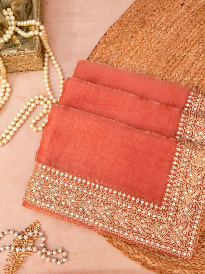 Peach Pure Crepe Silk Saree with Sabyasachi Inspired Border Heavy Embroidered Silk Blouse View 1