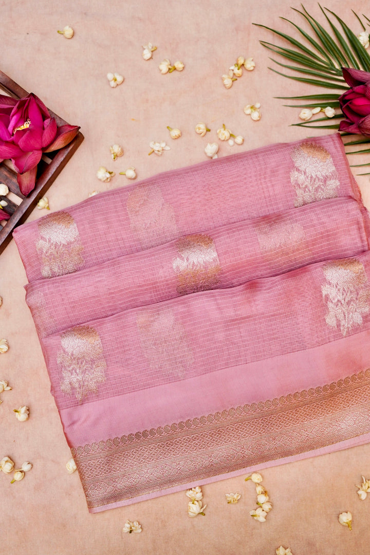Banarasi Pastel Pink Kota Check Saree Zari Weave Elegant Floral Motifs
