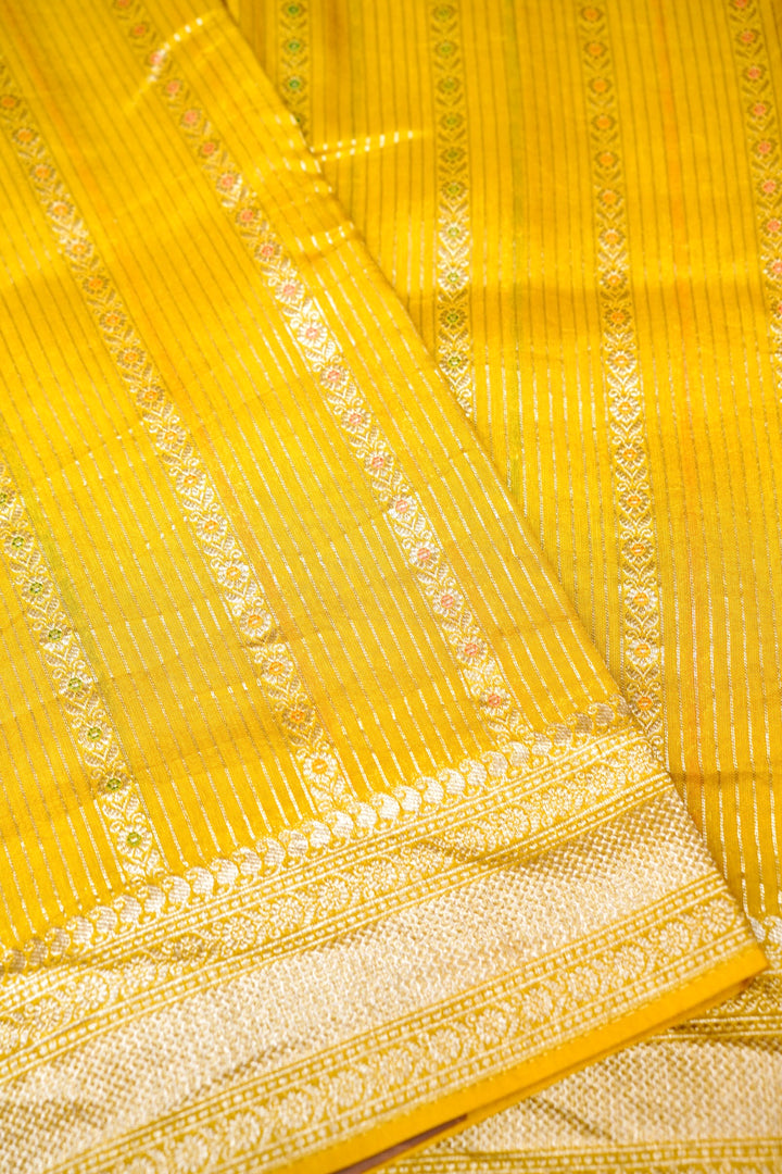Yellow Banarasi Soft Silk Meenakari Stripes Saree
