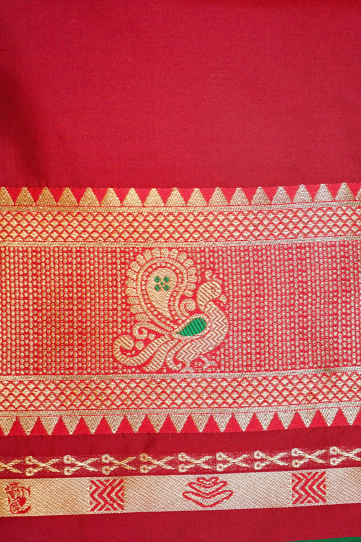 Bottle Green Soft Silk Kanjivaram Inspired Bird Motifs Saree with Red Contrast Border Pallu