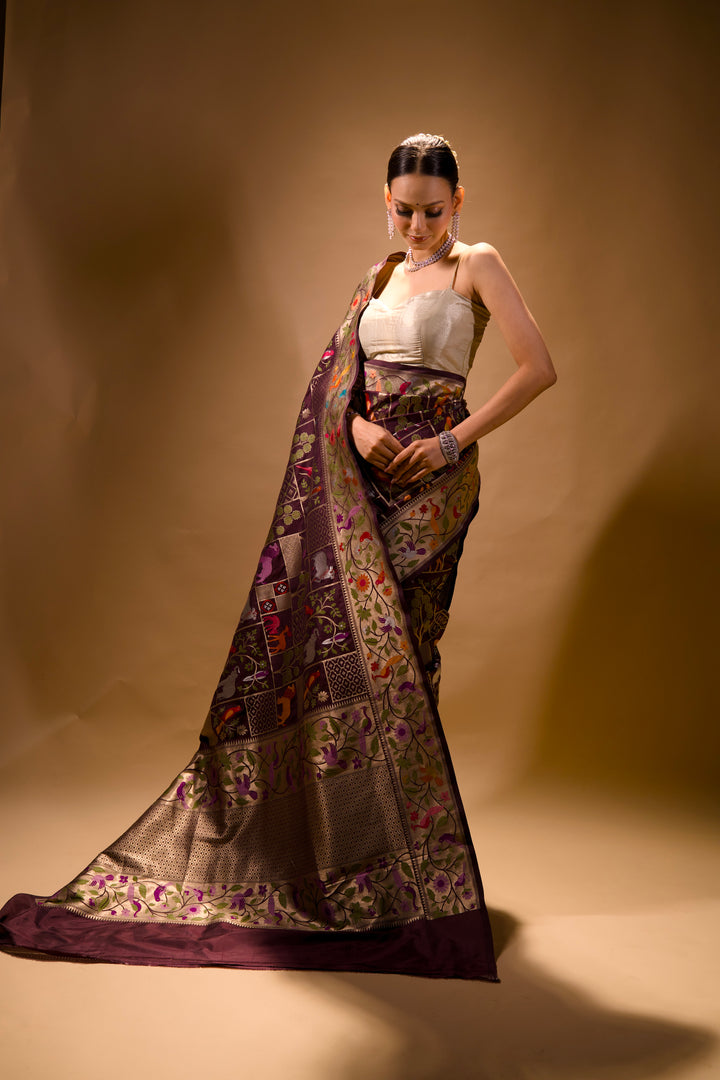 Handwoven Banarasi Pure Katan Silk Meenakari Shikargah Saree View 7