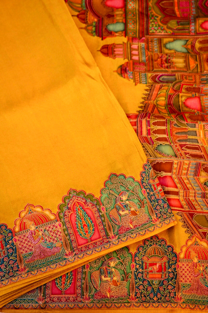 Marigold Muse Yellow Crepe Silk Saree with Resham Woven Detailing