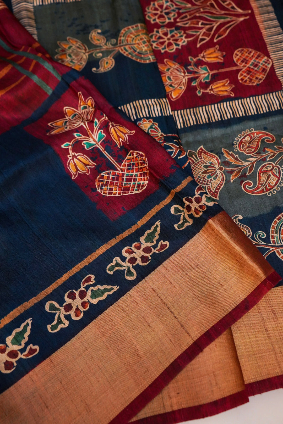 Teal Blue Tussar Silk Saree with Elegant Printed Check Pattern