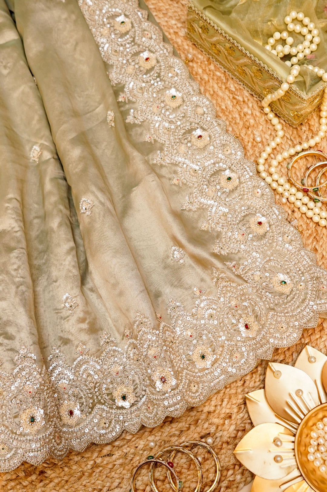 Pistachio Green Designer Tissue Silk Saree with Pearl and Kundan Embroidery View 2