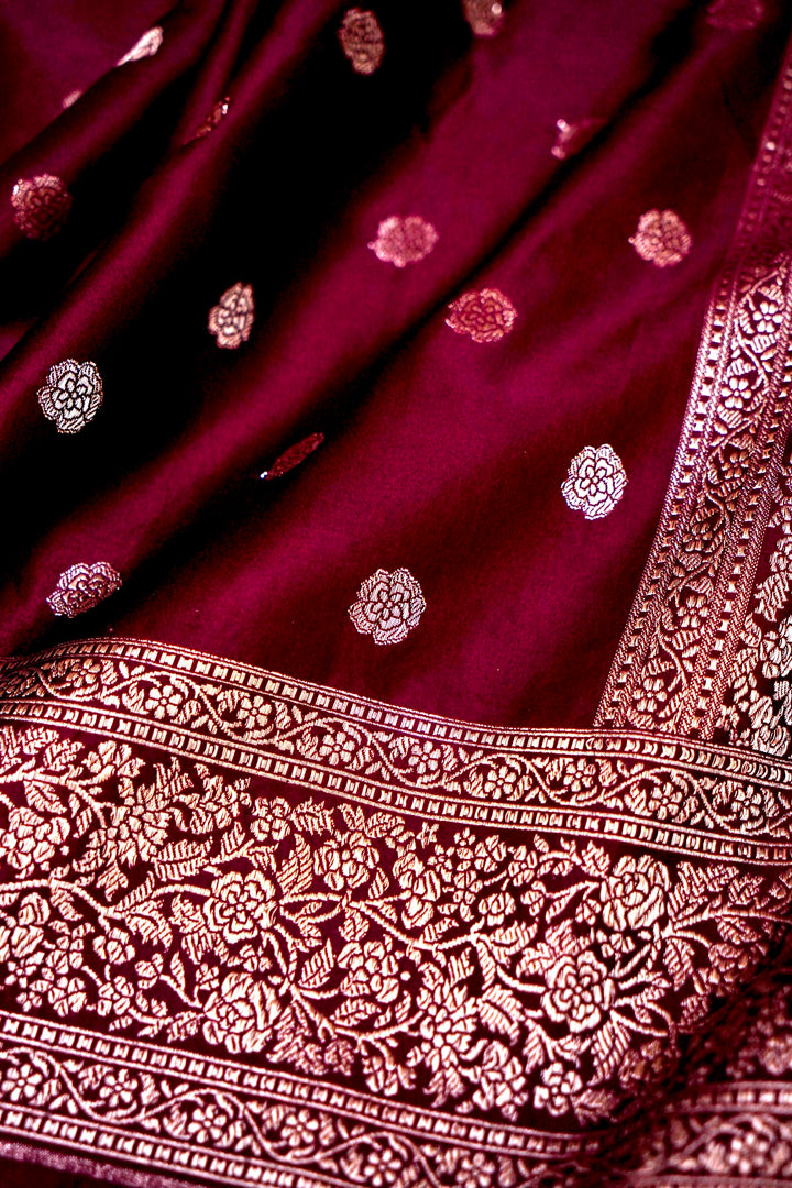 Regal Elegance in Wine Mashru Silk Saree with All-Over Silver Zari Weave