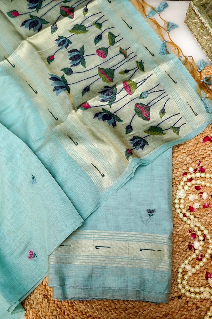 Sky Blue Handwoven Cotton Unstitched Suit Set with Floral Woven Dupatta