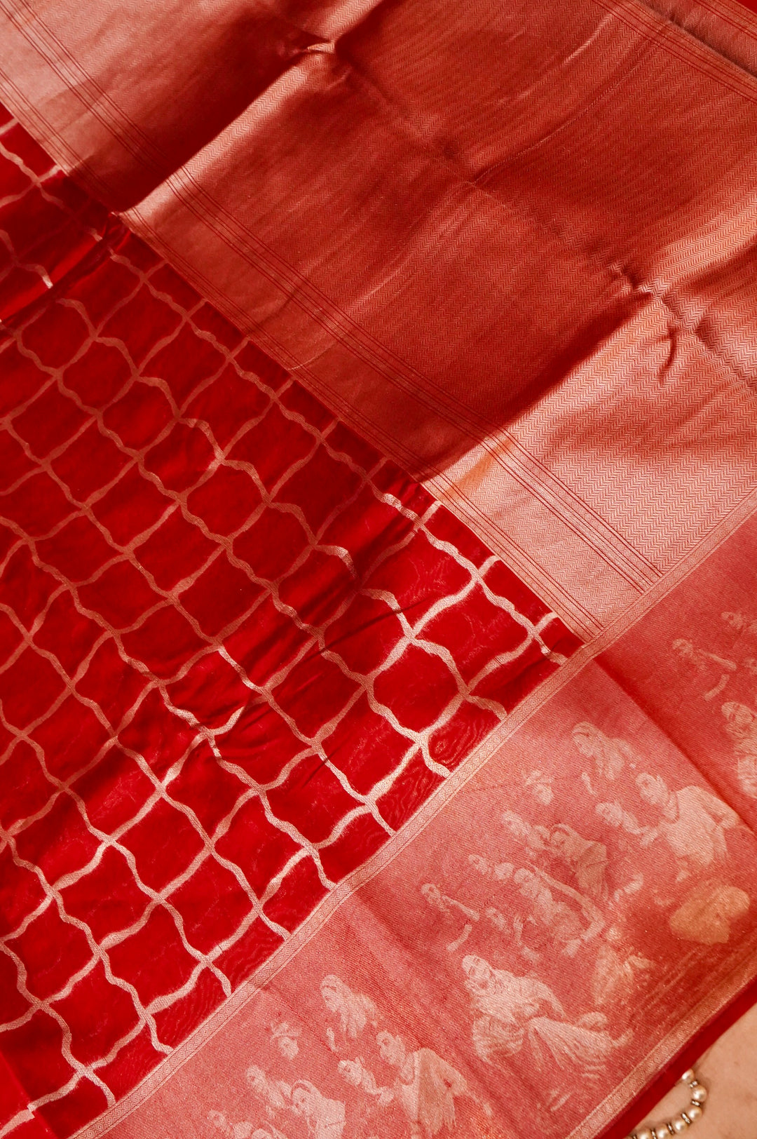 Crimson Royalty – Red Banarasi Silk Saree with Cross-Check Zari Weave