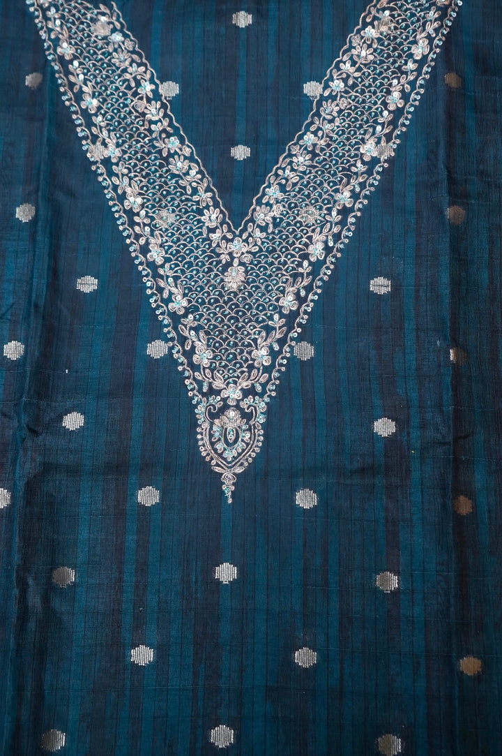 Teal Blue Chanderi Silk Suit Set with Pitta Zari Embroidery View 5