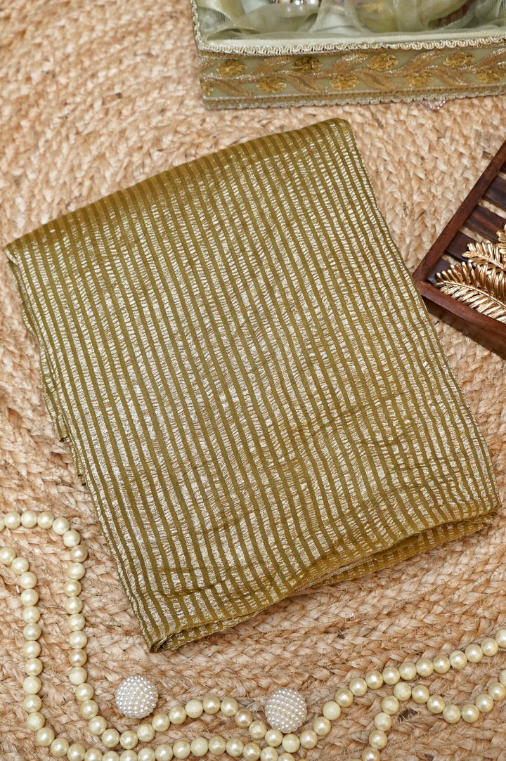 Elegant Olive Green Muga Georgette Saree with Zari Stripe Weave &amp; Crush Tissue Pallu