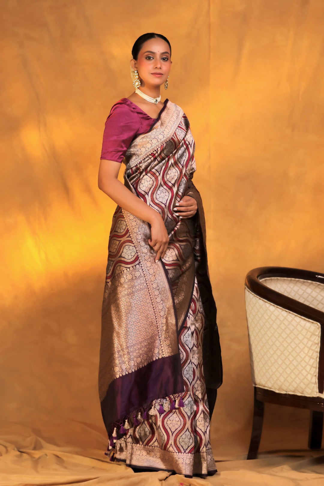 nita ambani inspired handwoven dark purple banarasi pure katan silk saree side view