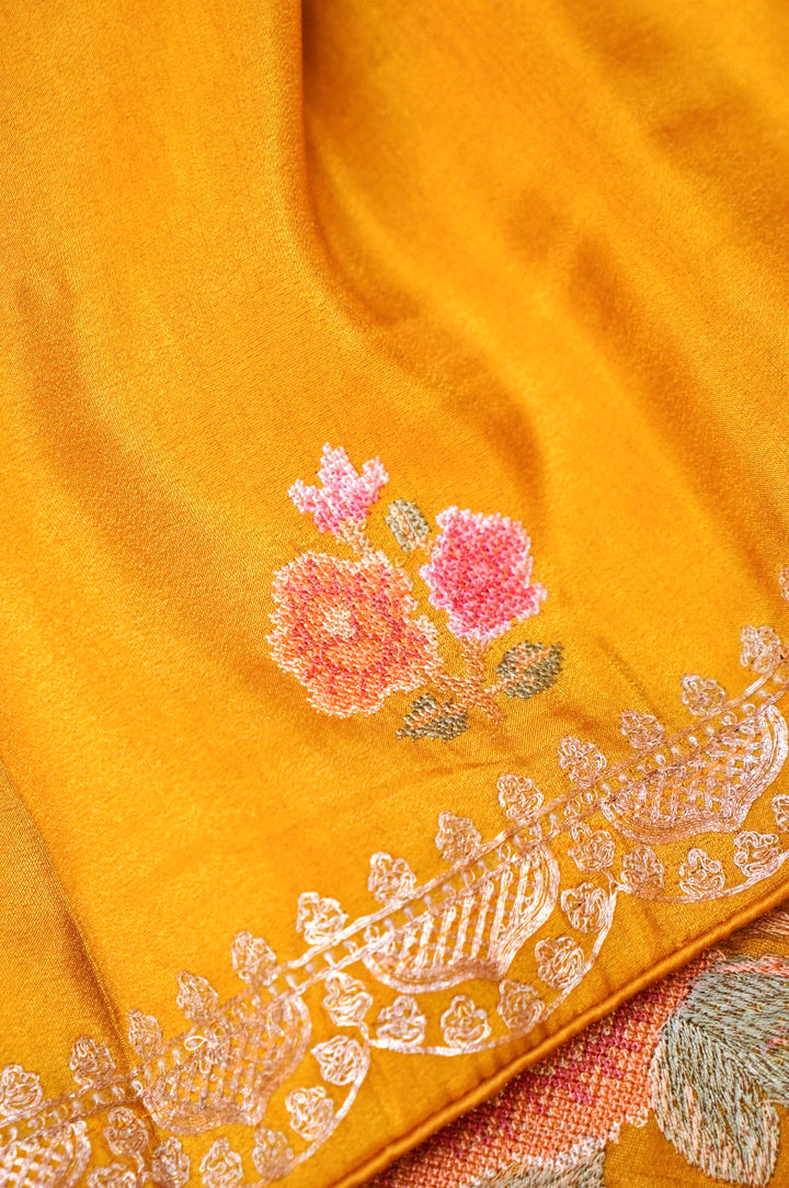Yellow Crepe Tissue Silk Suit Set with Pitta Zari Embroidery Work