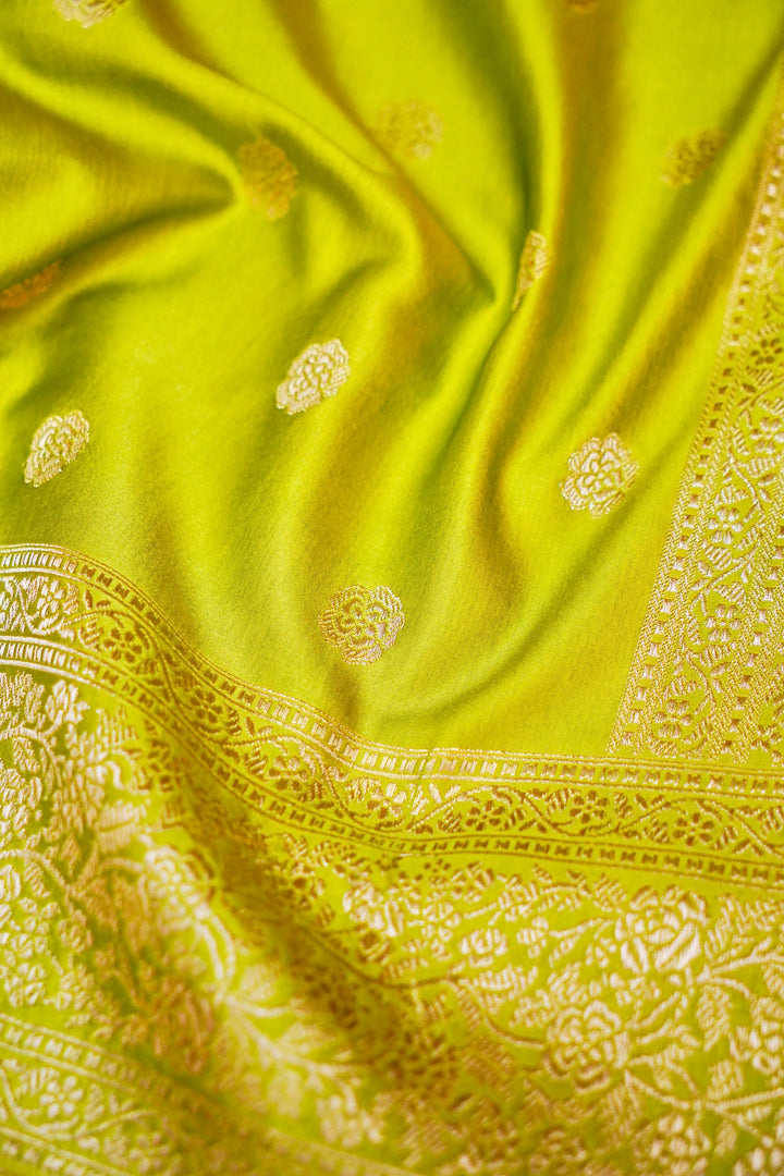 Vibrant Grace in Neon Green Mashru Silk Saree with All-Over Silver Zari Weave
