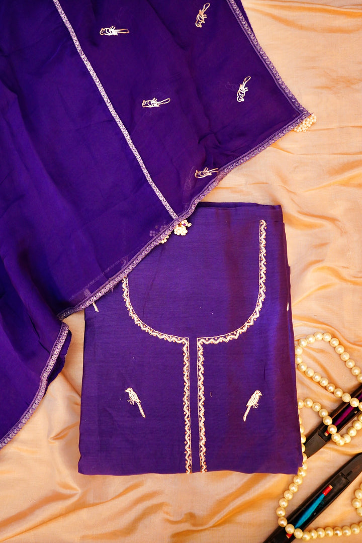 Purple Pure Chanderi Silk Suit Set with Pearl Work Birds Motif