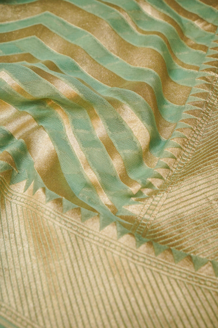 Handwoven Pure Khaddi Georgette Sage Green Chevron Pattern Saree View 4