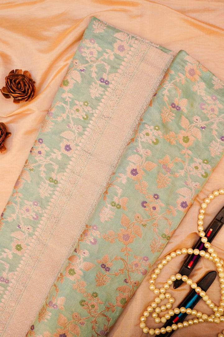 Light Green Handloom Pure Katan Tissue Saree with Meenakari Jaal Weave