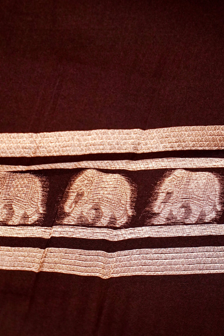 Earthly Elegance – Brown Pure Handloom Organza Silk Saree with Elephant Motif Border