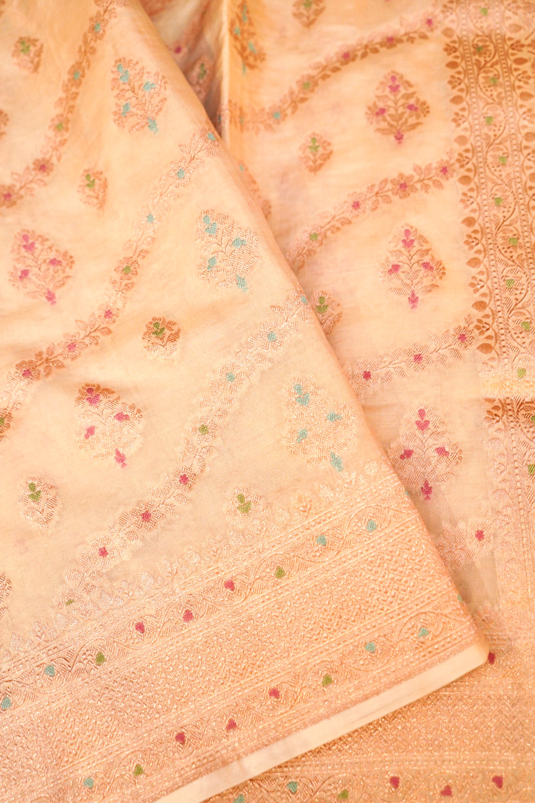 Cream Handloom Pure Katan Tissue Saree with Meenakari Leheriya Weave