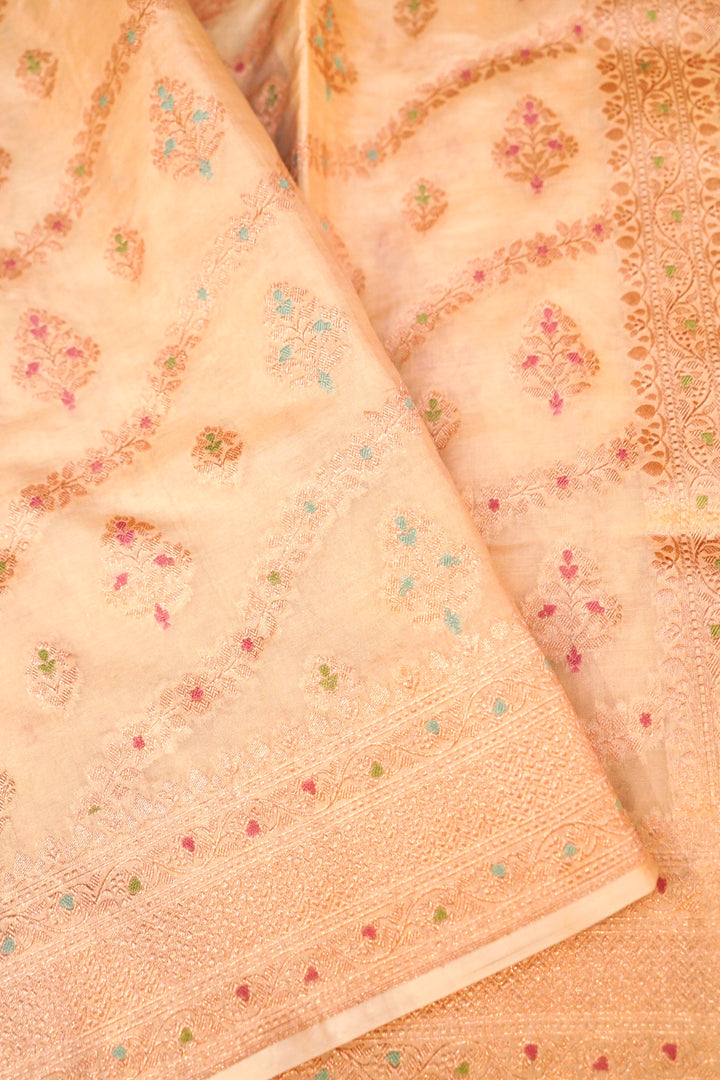 Cream Handloom Pure Katan Tissue Saree with Meenakari Leheriya Weave