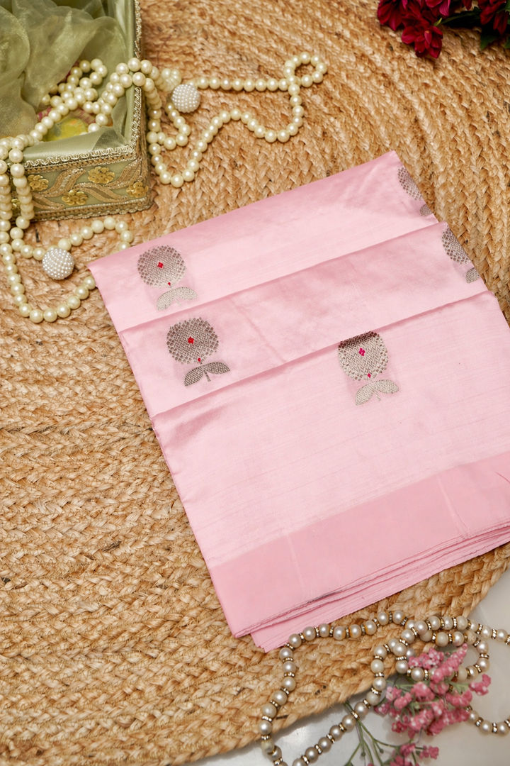 Handwoven Baby Pink Banarasi Pure Puna Silk Saree with Meenakari Booti