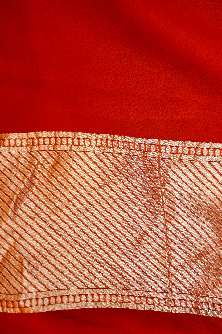 Red Handloom Pure Khaddi Georgette Chevron Pattern Saree View 7