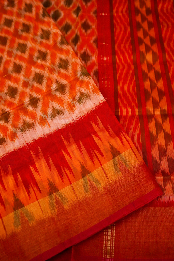 Orange Patola Cotton Silk Saree with Multi-Color Geometric Design