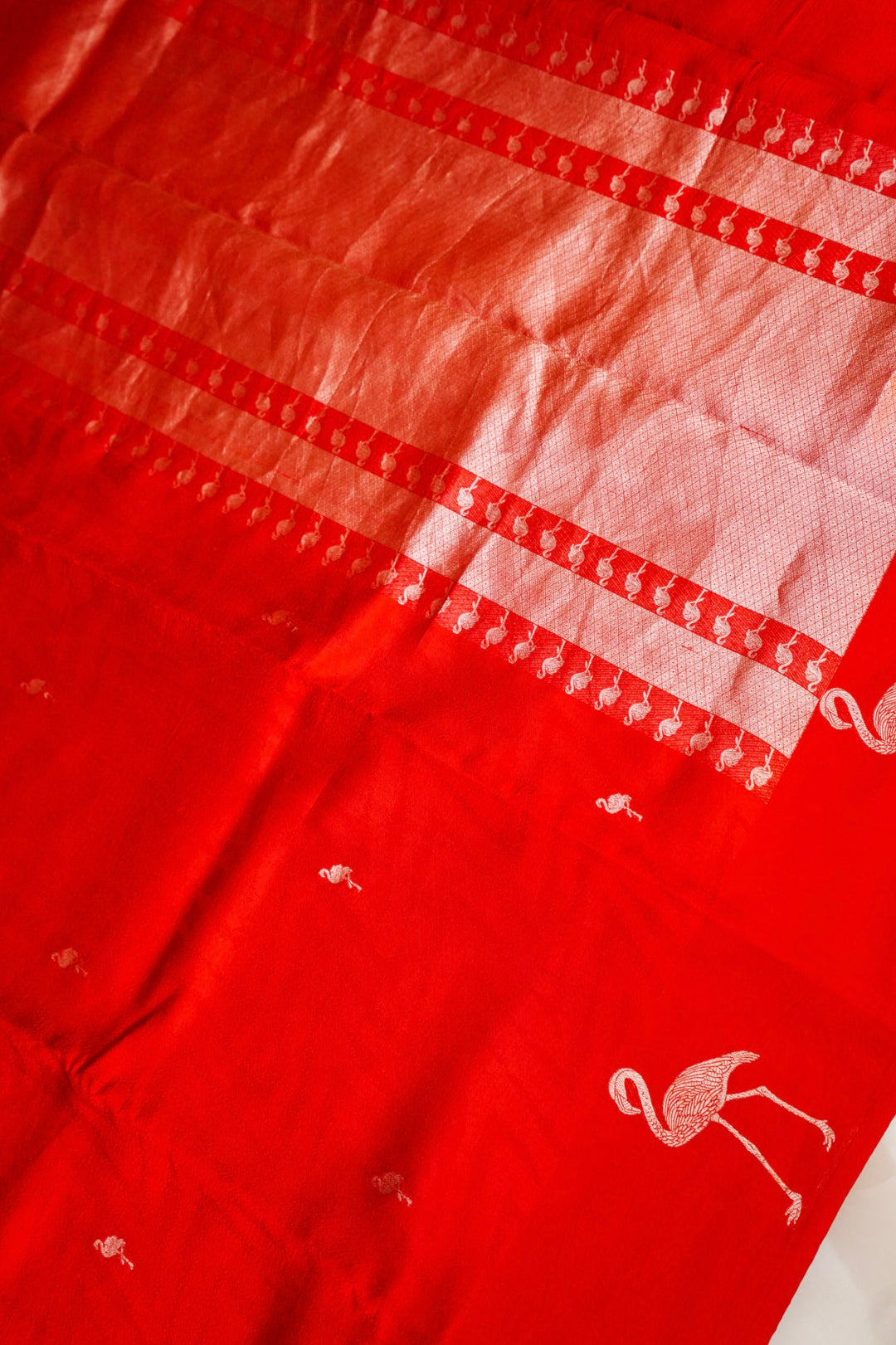 Handwoven Red Bridal Banarasi Katan Silk Saree with Golden Zari Bird Motifs
