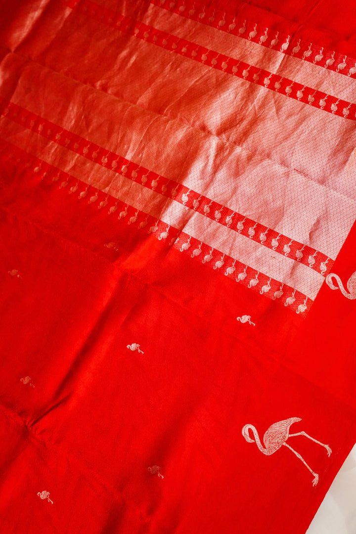 Handwoven Red Bridal Banarasi Katan Silk Saree with Golden Zari Bird Motifs