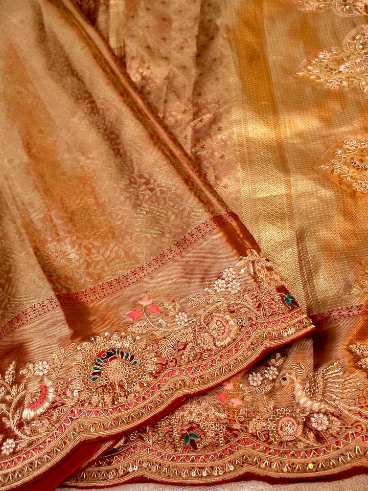 Pure Kanjivaram Silk Saree with Meenakari Zardozi Hand Embroidery