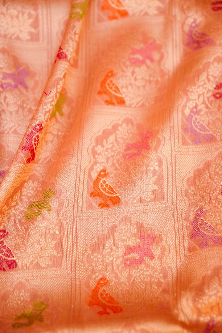 Peach Pure Handloom Banarasi Katan Silk Meenakari Saree